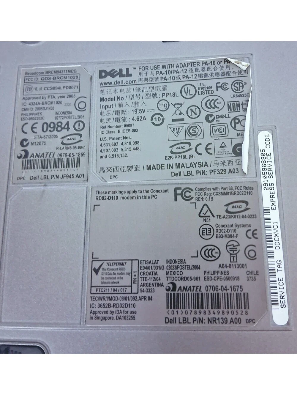 DELL Latitude D620 PP18L Service Tag DDCXVC1 Parts Only